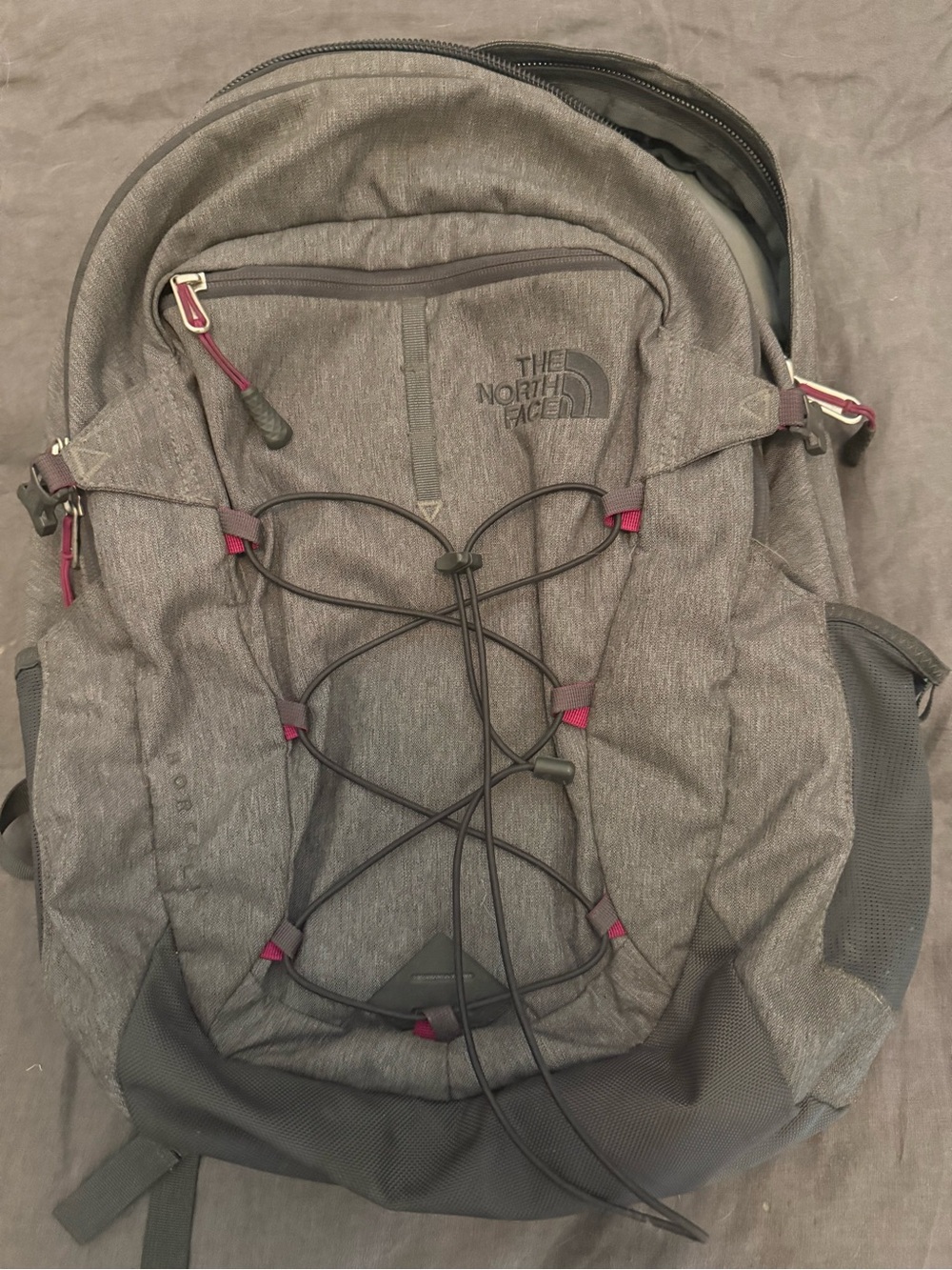 Women’s North Face Heather Gray Backpack with Burgundy Accents